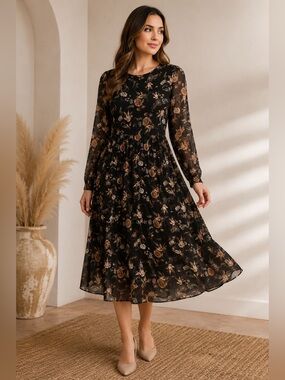 A Beautiful Soul Floral Chiffon Midi Dress Long Sleeve Boho Romantic Sz XL